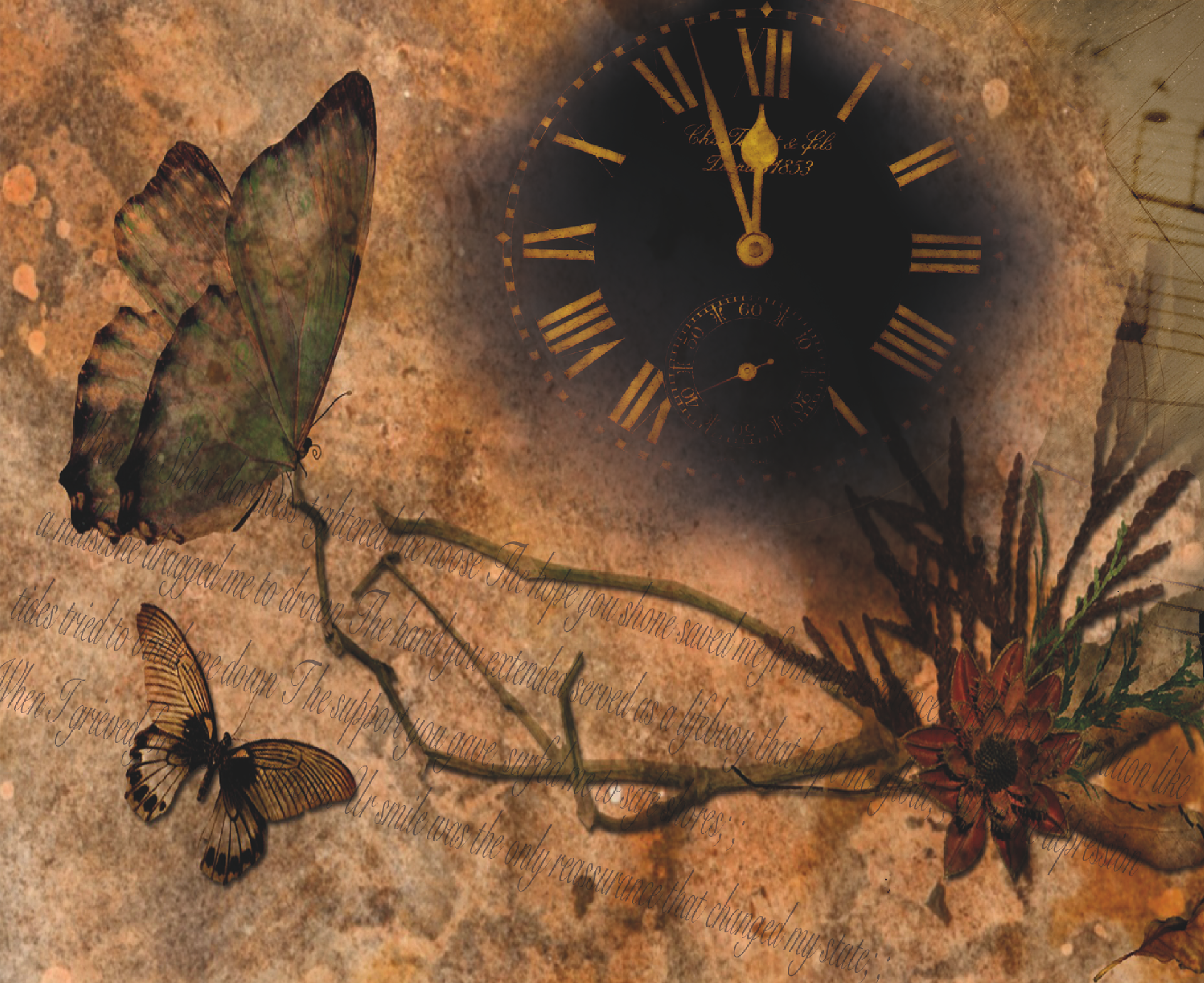 Illustration sépia avec deux papillons, une fleur et une horloge ancienne en arrière-plan sur une texture de papier vieilli.