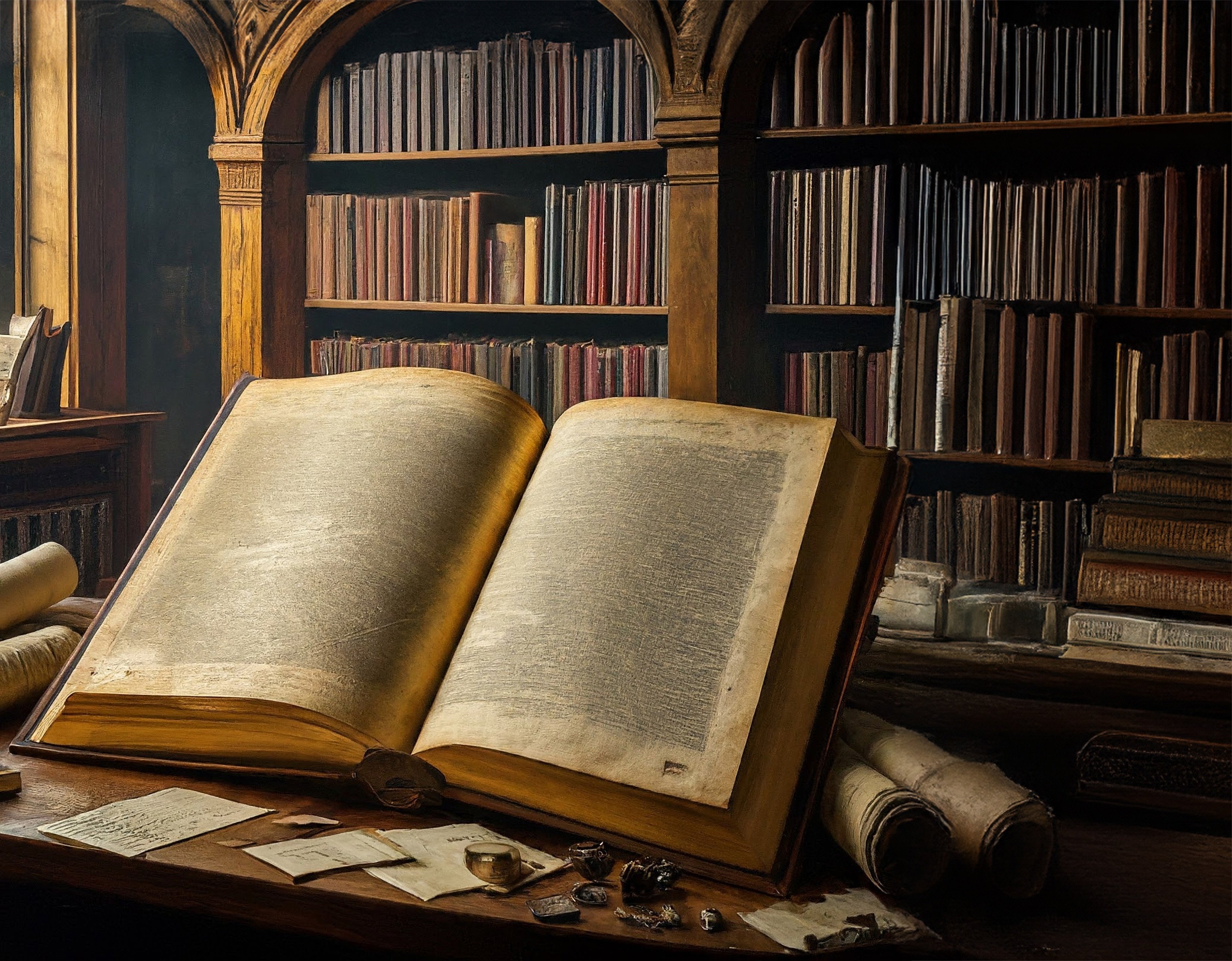 Ancien livre ouvert sur un bureau en bois, entouré de parchemins, de notes manuscrites et d'objets d’étude.