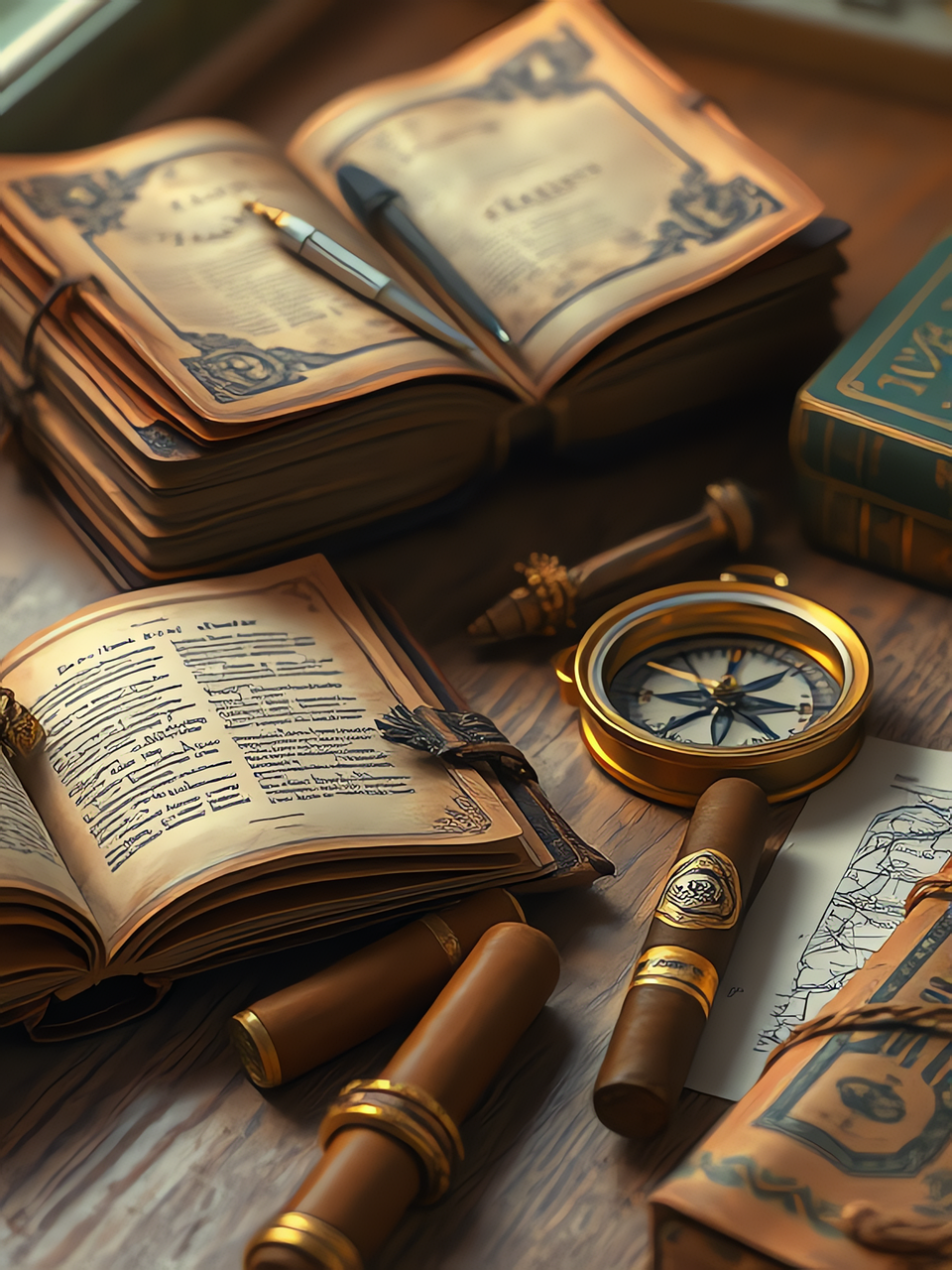 Livres anciens ouverts sur un bureau en bois, avec une boussole dorée, une plume, des parchemins et des instruments d’écriture anciens, évoquant l’exploration et la cartographie.