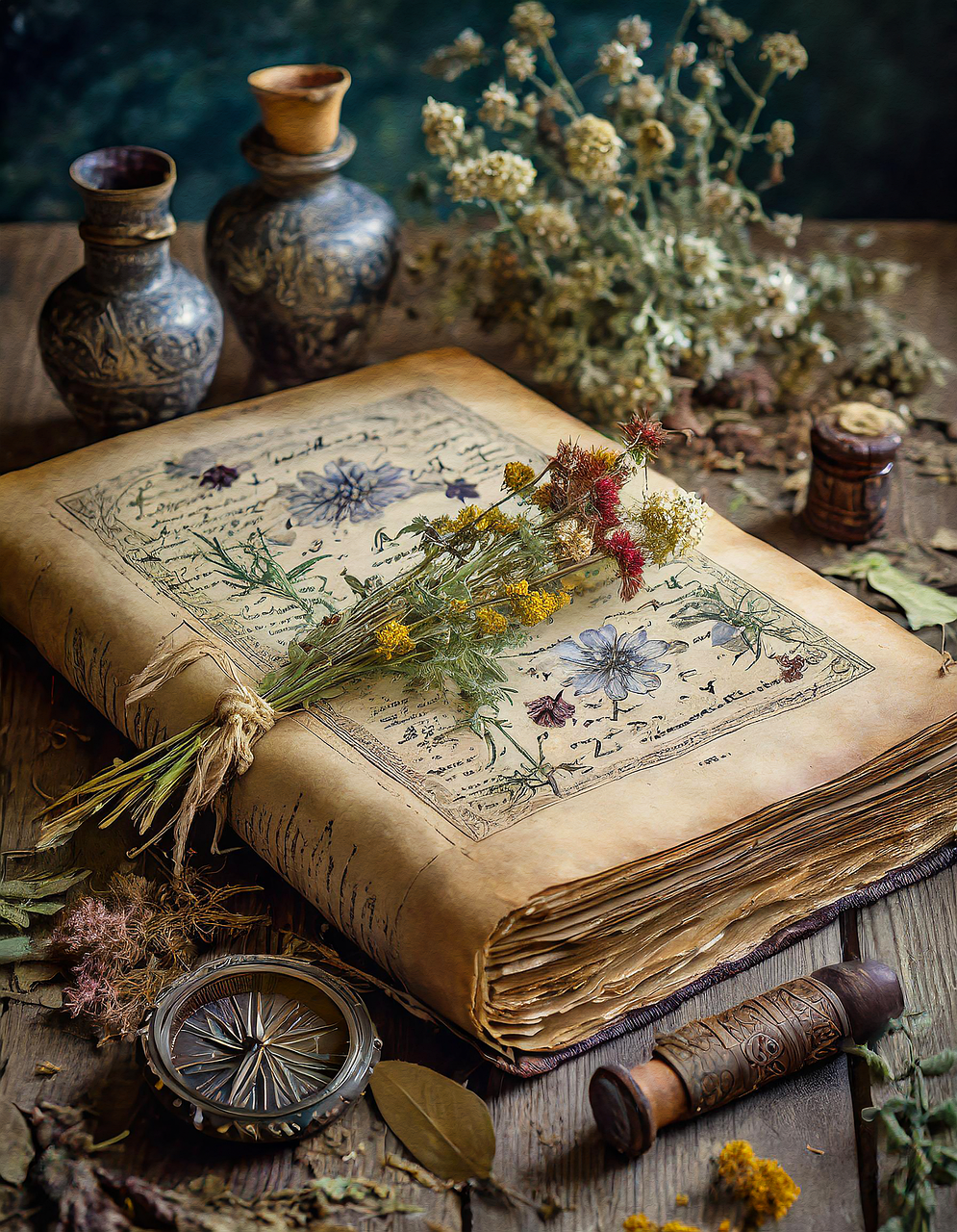 Vieux livre botanique avec bouquet de fleurs séchées, boussole et flacons anciens sur une table en bois.